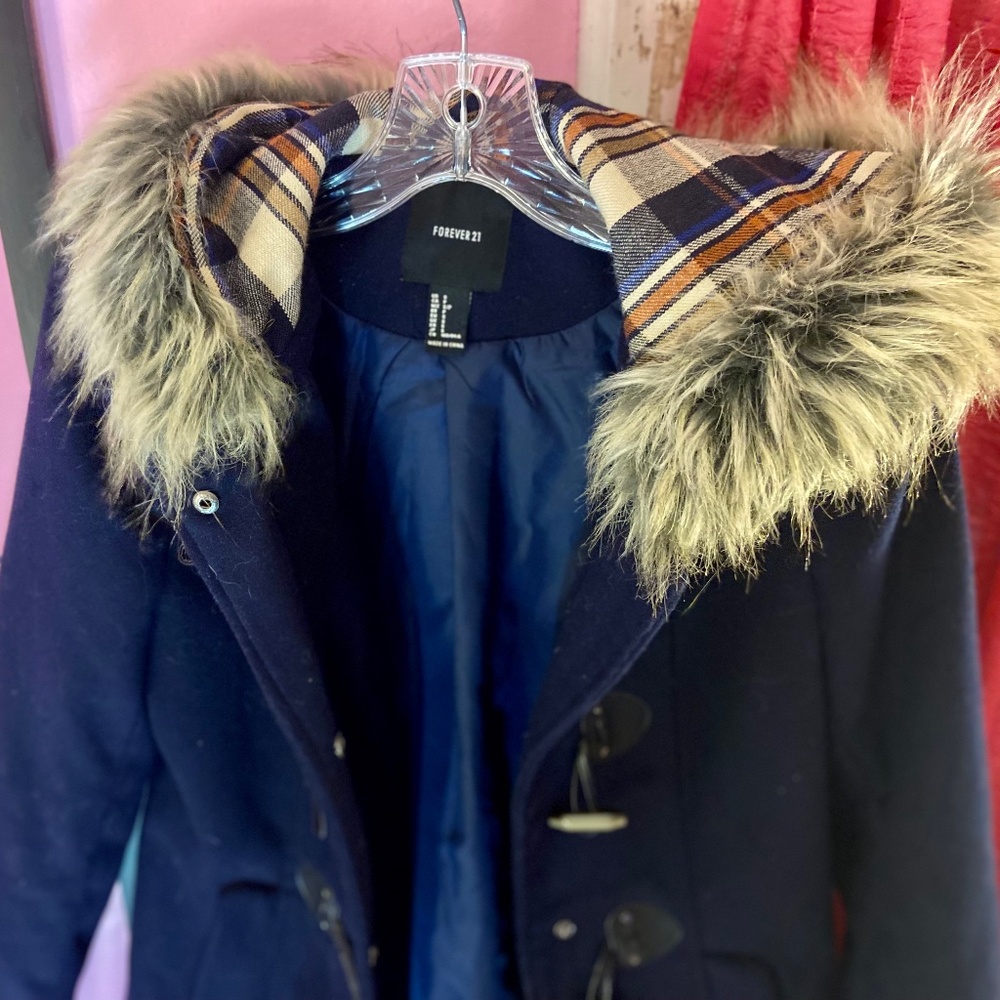 Forever 21 Fur Hood Trench Coat Winter Navy Blue Toggle Clasp Women’s Small - Picture 3 of 6